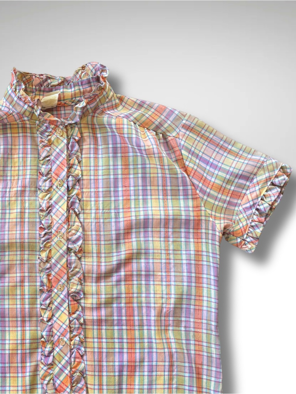 Vintage 70s Pastel Plaid Blouse • Ruffle High Neck Prairie Button Down Shirt M